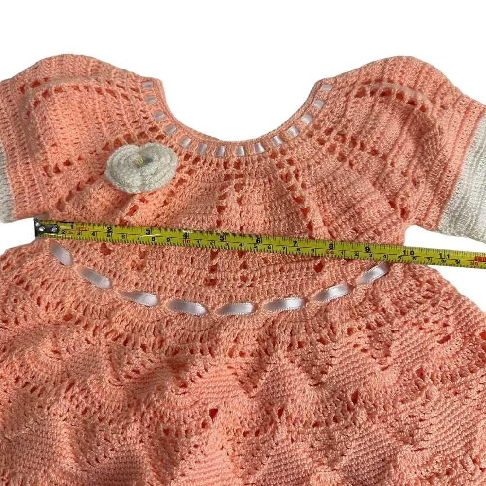hand knit crochet ribbon baby dress vintage 9-12 months
